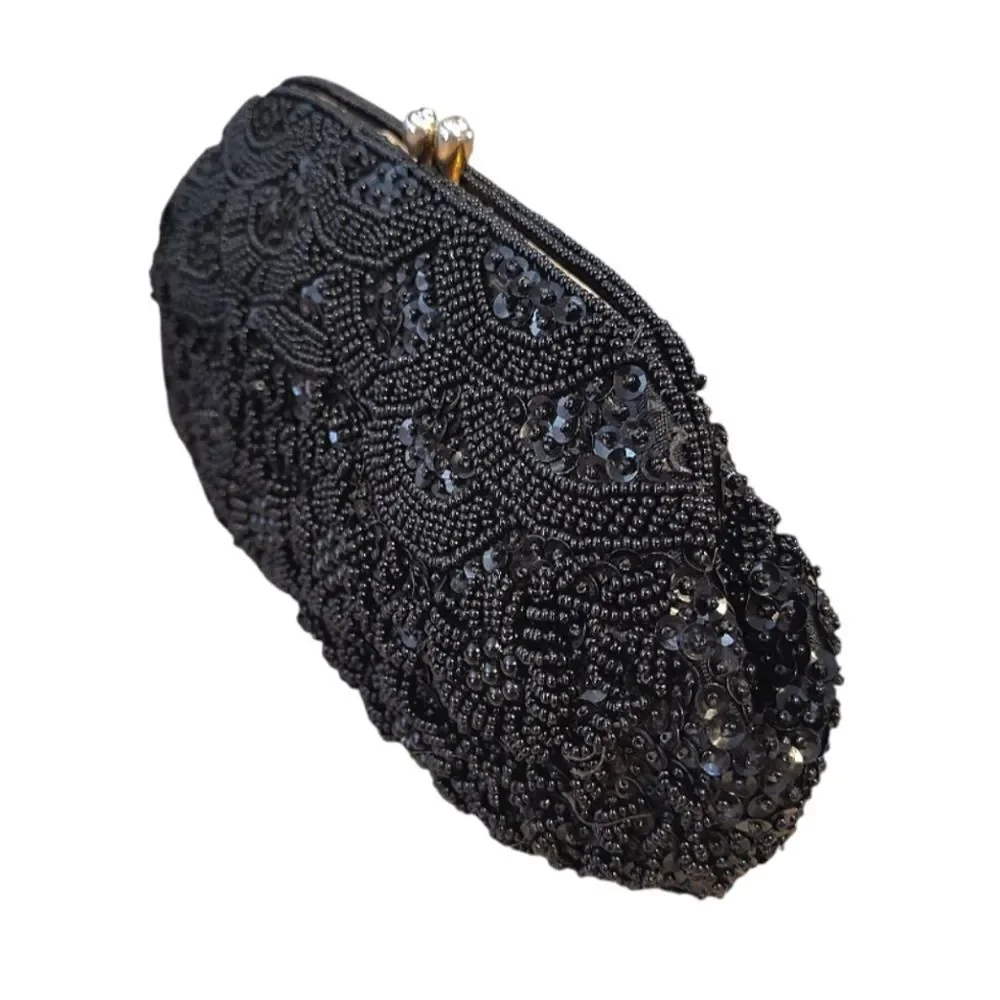 VTG 50s 60s Black Handmade Hong Kong‎ Beaded Sequins Kiss Lock Clutch